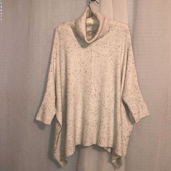LOFT M Knit Poncho Turtleneck Sweater Ivory Black Specks - Picture 1 of 12